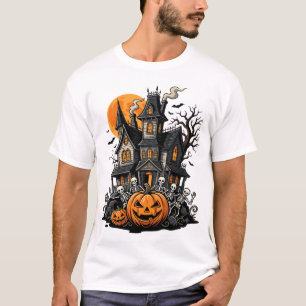 Camiseta Casa Assombrada de Halloween Esqueleto Abóbora Noi