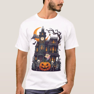 Camiseta Casa Assombrada de Halloween Esqueletos Abóbora Fa