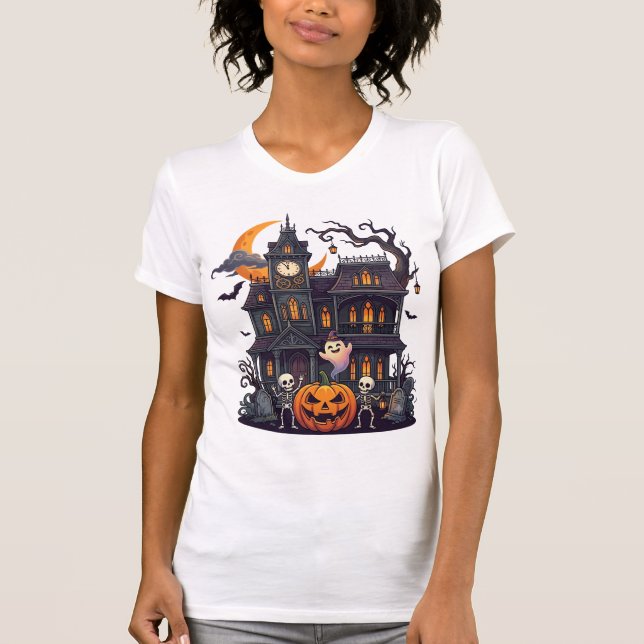Camiseta Casa Assombrada de Halloween Esqueletos Abóbora Fa (Frente)