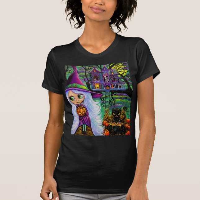 Camiseta Casa Assombrada de Halloween Grande Boneca Bruxa O (Frente)