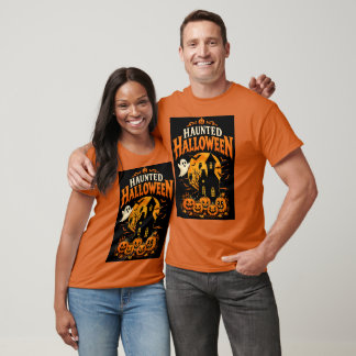 Camiseta Casa Assombrada e Abóboras de Halloween Retrô