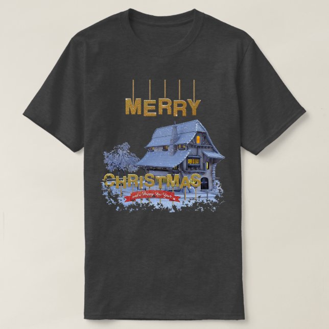Camiseta Casa de inverno com neve Feliz Natal (Frente do Design)