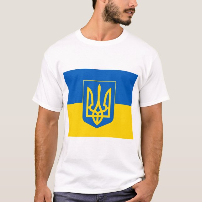 Camiseta Casaco de armas e bandeira da UCRÂNIA (Frente)