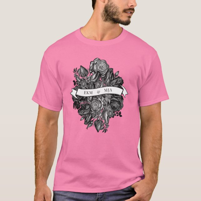 Camiseta Casais Iniciais Monograma Rosas Pretos Casamento (Frente)