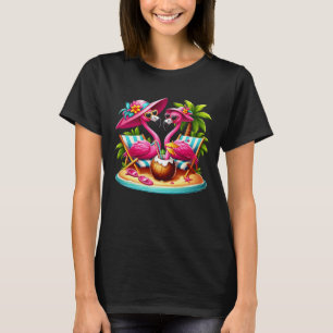 Camiseta Casal de férias de verão Flamingo Pink Hat Coconut