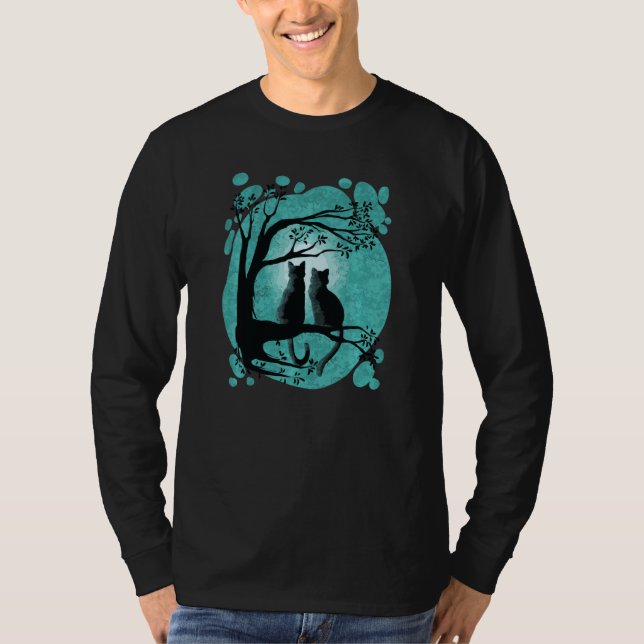 Camiseta Casal De Gato Cugado Sentado Em Árvore Com Lua Na  (Frente)