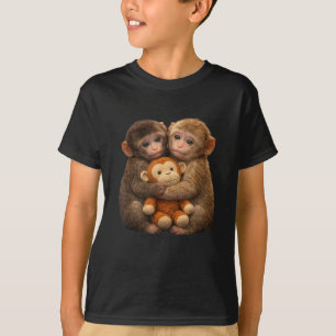 Camiseta Casal de Macaco Fofo Abraçando Arte de Pelúcia Mac