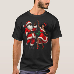 Camiseta Casal de Papai Noel Dançando Natalino Afro-America