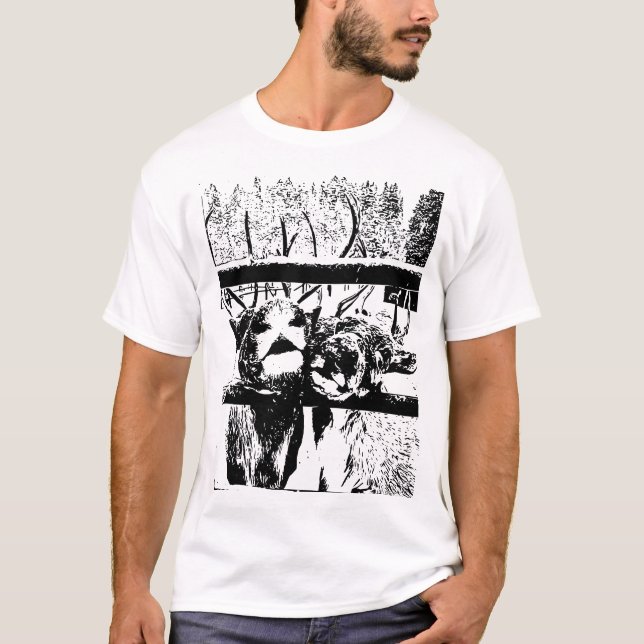 Camiseta Casal de renas em uma arte em linha de inverno (Frente)