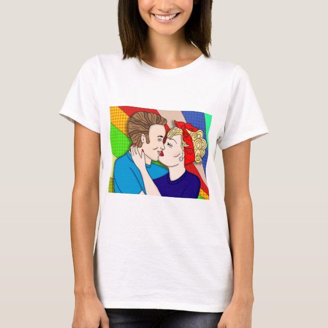 Camiseta Casal do estilo de arte Pop da Retro 1950 (Frente)