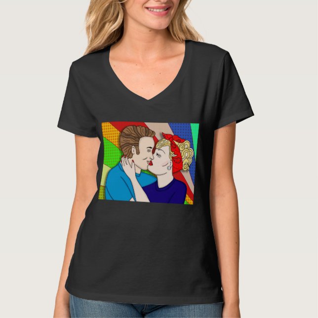 Camiseta Casal do estilo Pop de arte retrô de 1950 beijando (Frente)