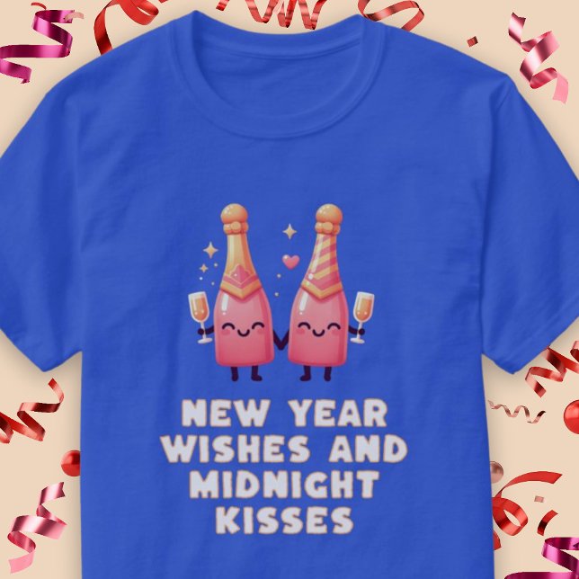 Camiseta Casal Kawaii de 2010 e meia-noite (New Year Wishes & Midnight Kisses Kawaii Couple T-Shirt)