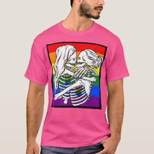 Camiseta Casal lésbica do esqueleto Lésbica Orgulho Rainbow
