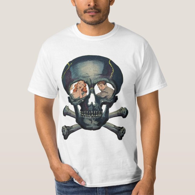 Camiseta casal na arte dos quadrinhos de terror crânio (Frente)