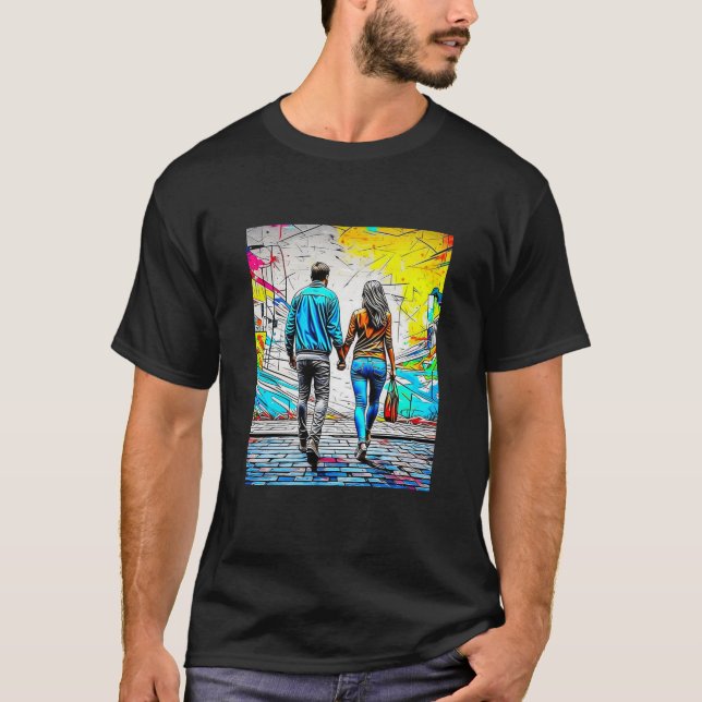 Camiseta Casal Segurando Mãos Arte Urbana (Frente)