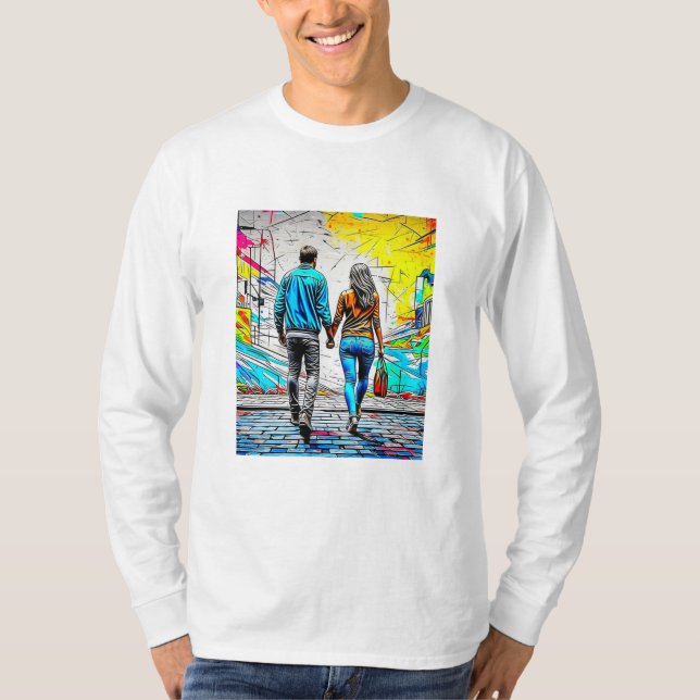 Camiseta Casal Segurando Mãos Arte Urbana (Frente)
