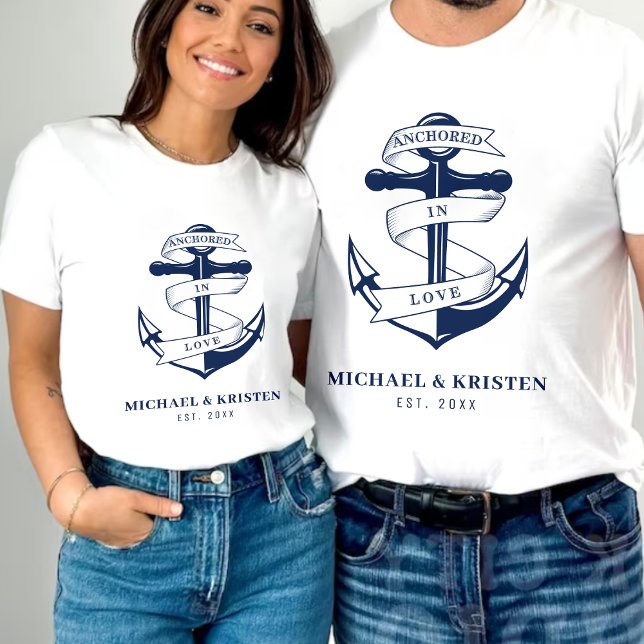 Camiseta Casamento âncora náutica branca ancorada no amor  (Anchored in Love White Nautical Anchor Wedding T-Shirt
)