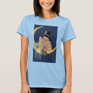 Camiseta Casamento Antigo, Noiva e Noivo Fofo em uma Lua