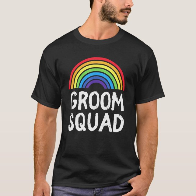 Camiseta Casamento Arco-íris LGBT Esquadrão do Noivo Equipe (Frente)