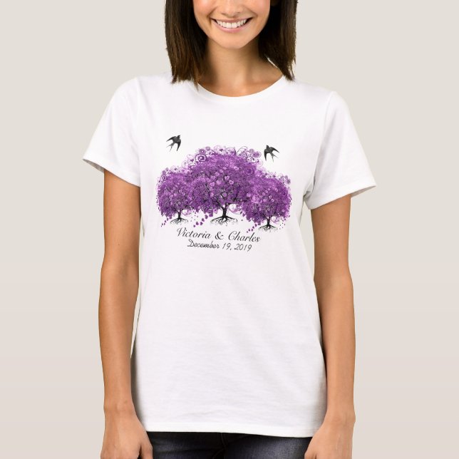 Camiseta Casamento com folhas de folhas de coração roxo rad (Frente)
