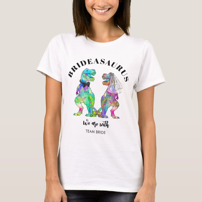 Camiseta Casamento de Dinossauro T Rex Brideasaurus (Frente)