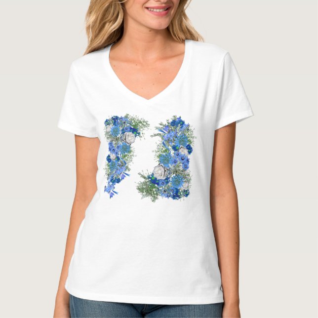 Camiseta Casamento de Flores de Milho Azul e Rosas Brancas (Frente)