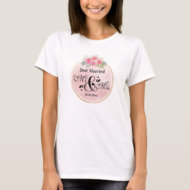 Camiseta Casamento de Flores Rosa Elegante Sr e Sra (Frente)
