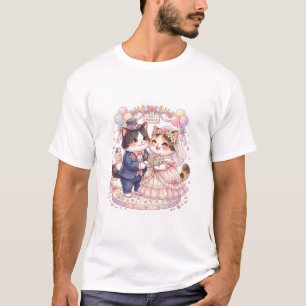 Camiseta Casamento de Gato Fofo Casal Recém-Casado Kawaii N