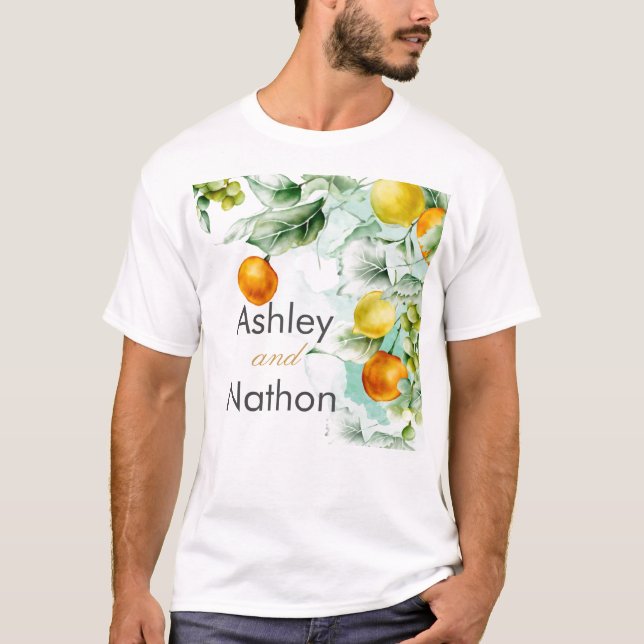 Camiseta Casamento Elegante de cor d'água floral e Fruta (Frente)