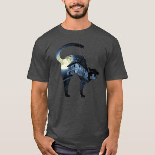 Camiseta Casas Assustadoras de Dia das Bruxas de Gato Preto