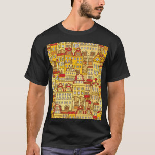 Camiseta Casas Coloridas Padrão de Cidade de Vintage