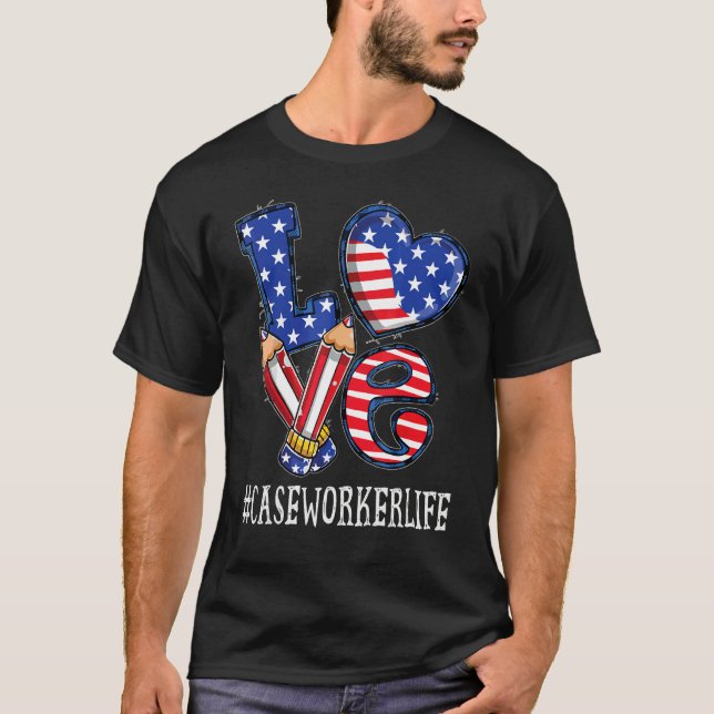 Camiseta Case Worker Love Usa Flag Fireworks 4 de julho (Frente)