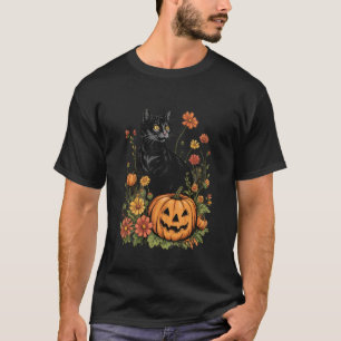 Camiseta Casinha de Gato Preto Fofa Flor Outono Abóbora Hal