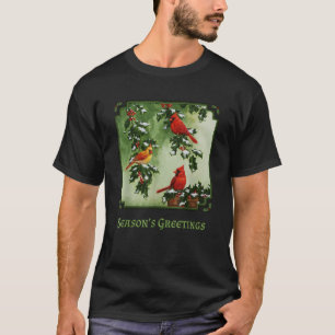 Camiseta Cássaros Vermelhos Cardinais Natal Holly Berries F