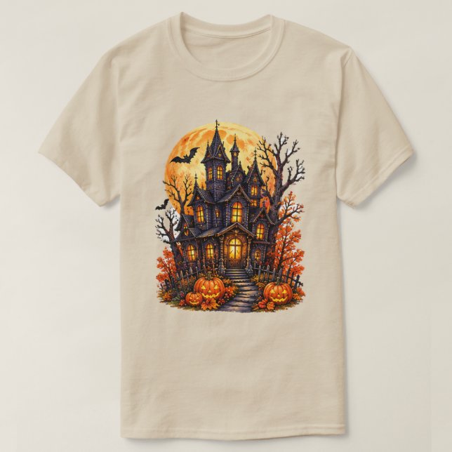 Camiseta Castelo Assombrado de Halloween Lua Cheia (Frente do Design)