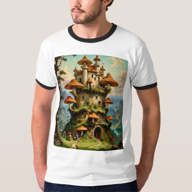 Camiseta Castelo de Fantasy Mushroom em Cliffside T-Shirt (Frente)