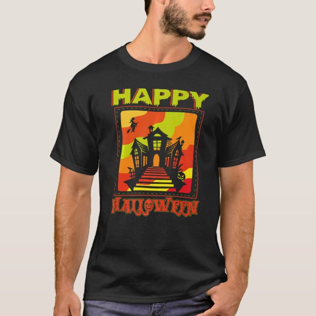 Camiseta Castelo de Relógio Feliz Halloween (Frente)