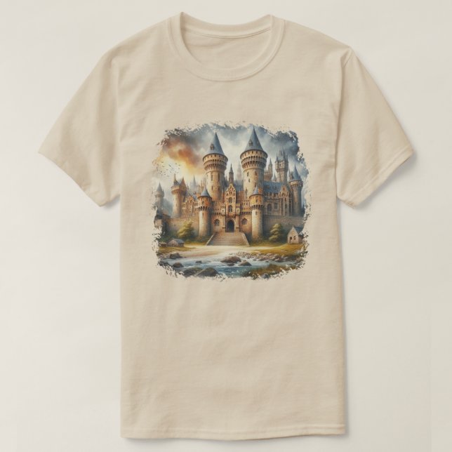 Camiseta Castelo Medieval no Sunset com Céu Atmosférico (Frente do Design)