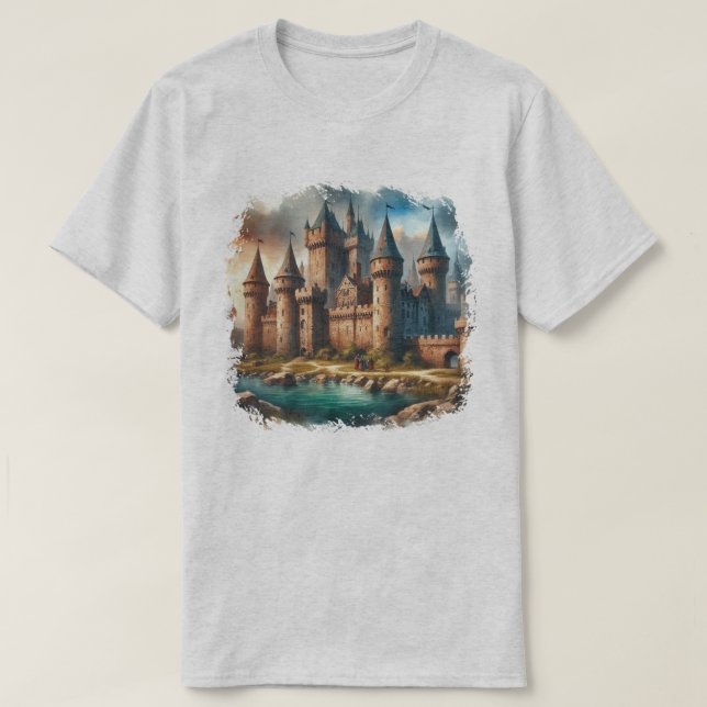 Camiseta Castelo medieval por um rio Tranquilo em Sunset (Frente do Design)