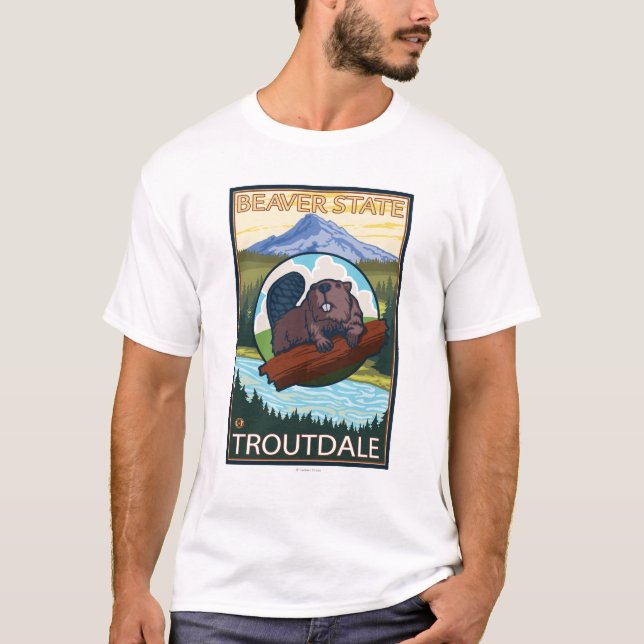 Camiseta Castor & capa do Mt. - Troutdale, Oregon (Frente)