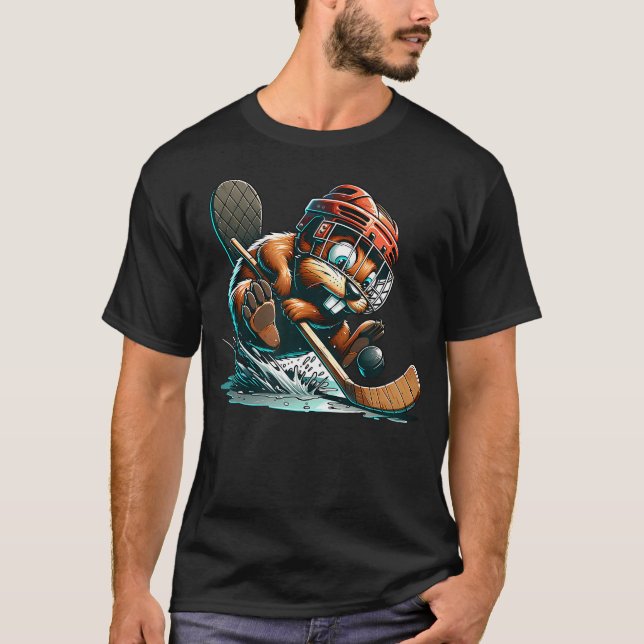 Camiseta Castor de Hóquei no Gelo Com Capacete, Taco e Disc (Frente)