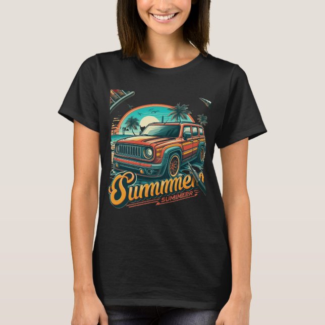 Camiseta casual, impressa com grafismo de carro, d (Frente)