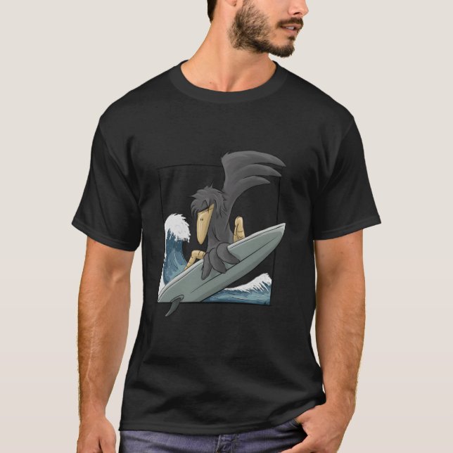 Camiseta Casual Surfer Crow Funky Raven Surfing On Japan Wa (Frente)