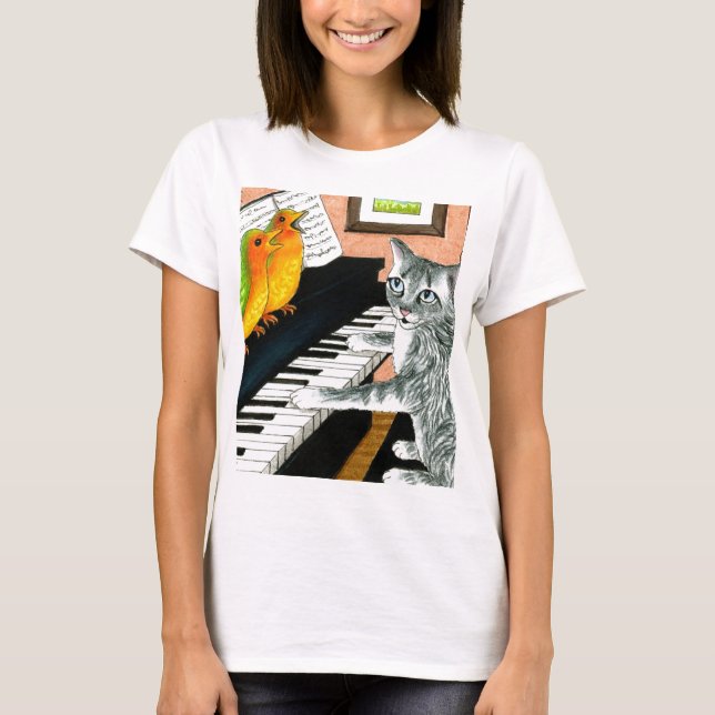 Camiseta Cat 457 playing Piano Birds (Frente)