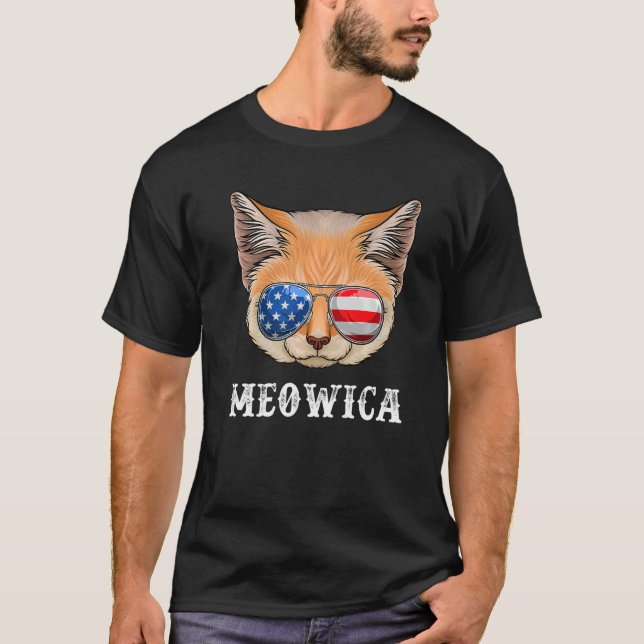 Camiseta Cat 4 de julho Men Women Kitten USA Flag Americano (Frente)