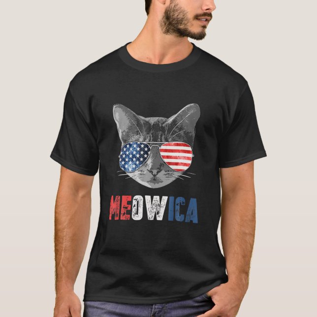 Camiseta Cat 4 De Julho S Meowica Merica Men USA American (Frente)