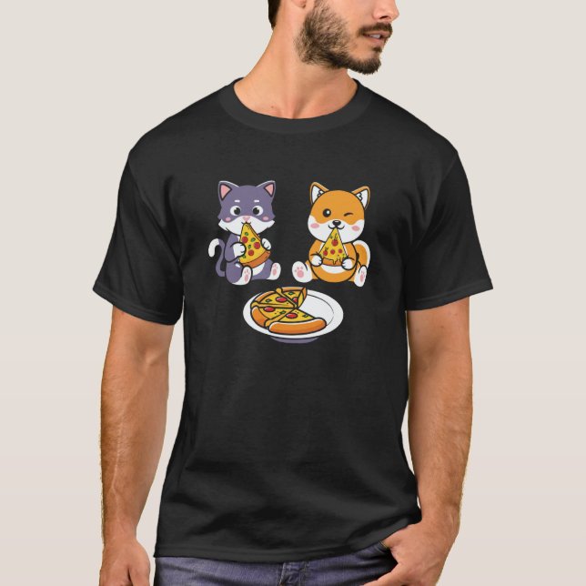 Camiseta Cat And Corgi Dog Eating Pizza Kids (Frente)