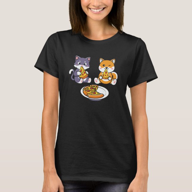 Camiseta Cat And Corgi Dog Eating Pizza Kids (Frente)