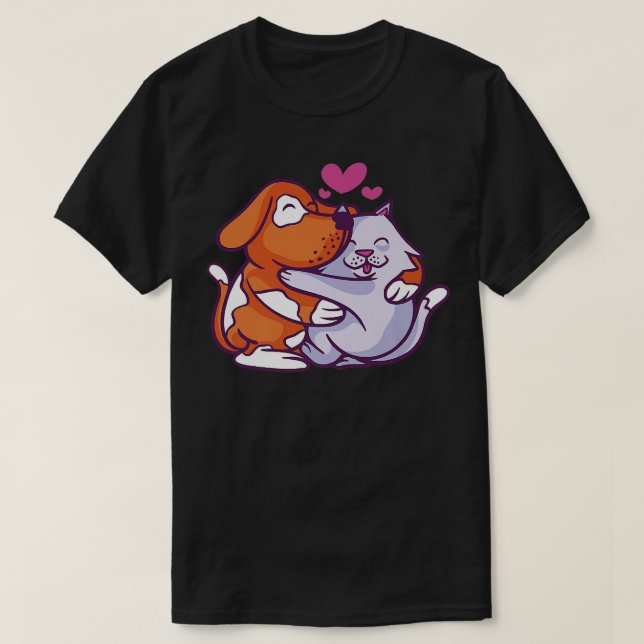 Camiseta Cat And Dog Hugging Cartoon Love Pet Hug Premium  (Frente do Design)