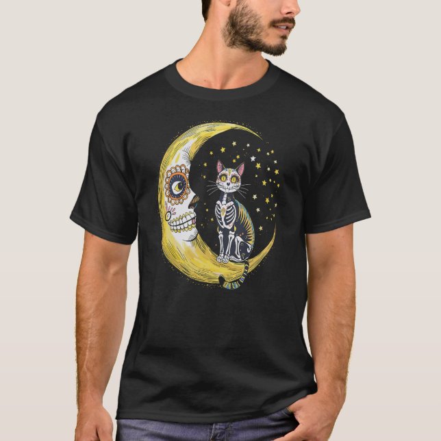 Camiseta Cat And Moon Sugar Skull Dia De Los Muertos Day Of (Frente)